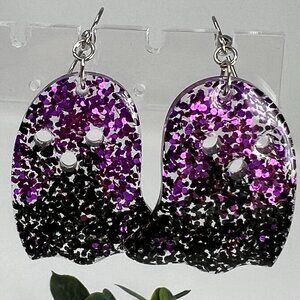 Cute Purple & Black Glitter Ghost Dangle Earrings Halloween Statement Earrings